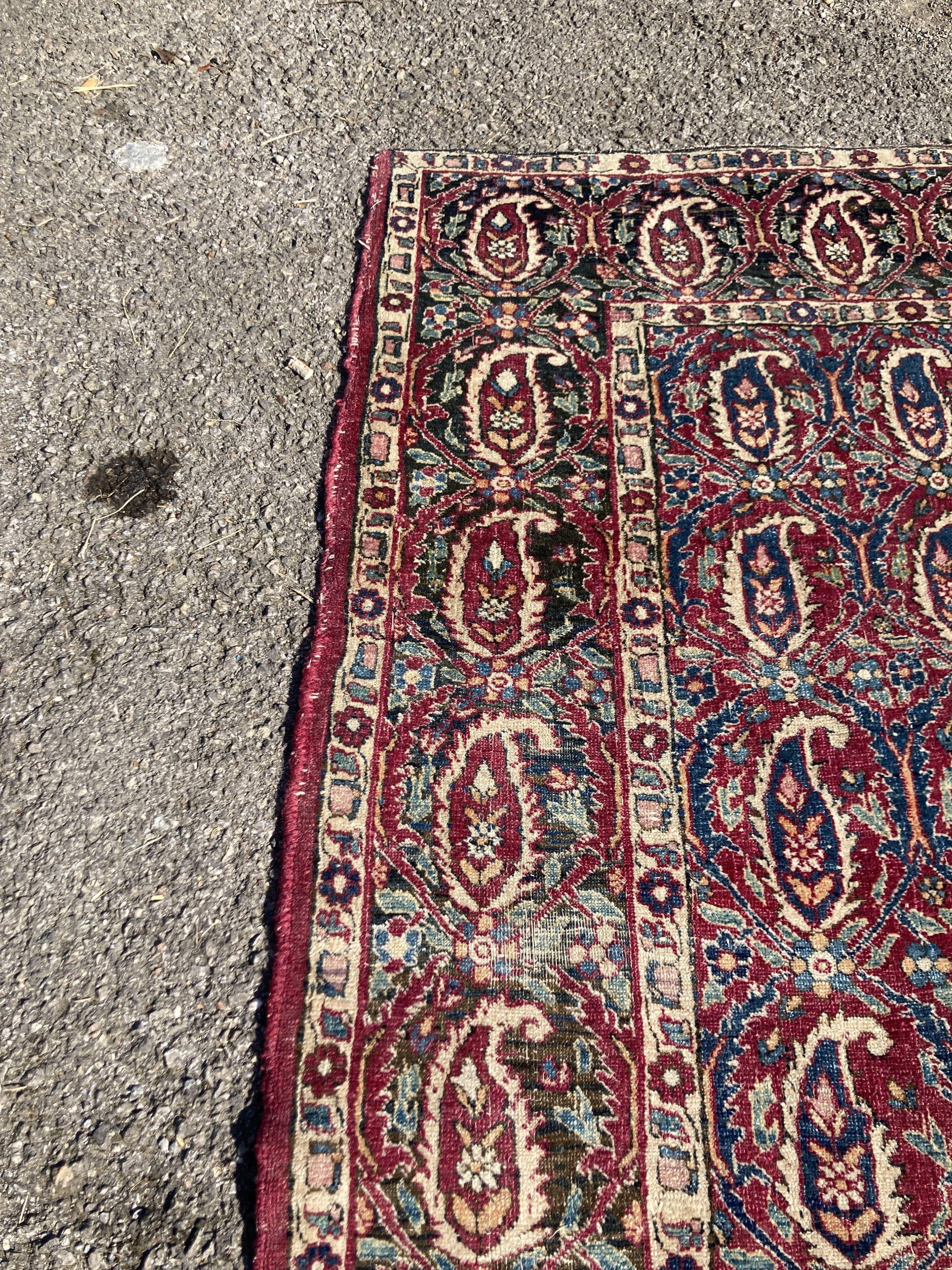 An early 20th century Persian Senneh red ground rug woven with rows of Boteh 218 x 130 cms